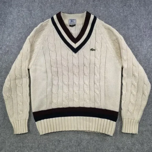 VTG IZOD Lacoste Sweater Mens Large White Cable Knit V Neck Tennis Pullover 80s